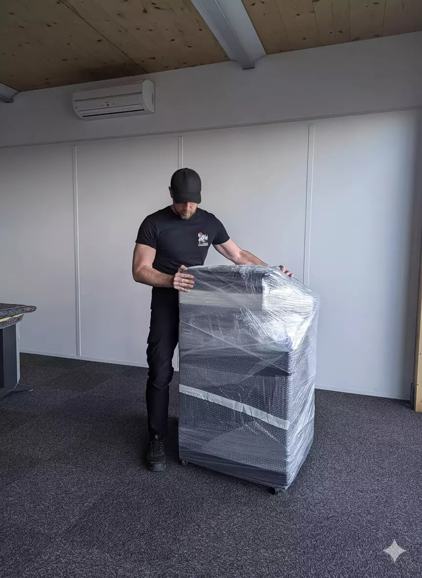Homme avec meuble emballé en plastique.